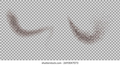 Coffee powder squiggle fly squiggle lines shapes. Grainy texture chocolate splash curvy long element. Spray dotwork form. Vector wavy splash. Grunge food figure isolated on transparent background.