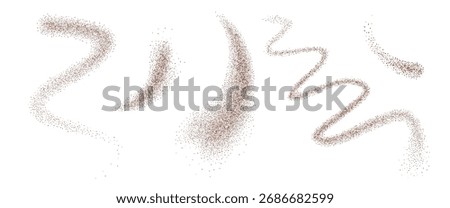 Coffee powder top view figures set. Grounded cocoa squiggle isolated on transparent background. Noise dark brown gradients fly curves. Grainy texture splash wavy textured element. Vector gritty lines.