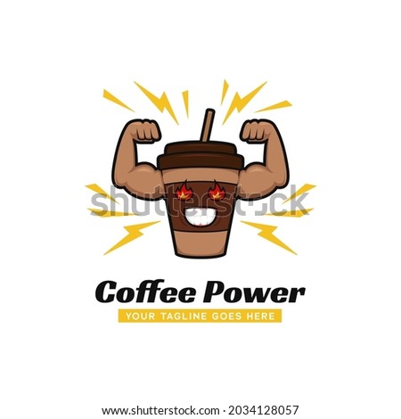 Coffee power gym logo, coffee cup with strong big arm muscle logo icon mascot illustration