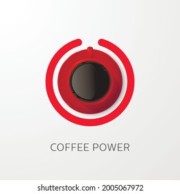 Coffee Power. Vector 3d Realistic Red Mug with Black Coffee and Saucer. Concept Banner with Coffee Cup and Phrase about Coffee. Design Template. Top View