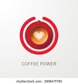 Kaffeeleistung. Vektor 3d realistischer Red Mug mit Foam Milk Coffee, Capuccino, Latte, Saucer. Konzept Banner mit Coffee Cup. Vorlage entwerfen. Draufsicht