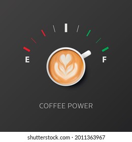 Coffee Power. Vector 3d Realistic White Mug with Milk Foam Coffee and Fuel Tank Gauge. Capuccino, Latte. Concept Banner with Coffee Cup, Flower Pattern. Design Template. Top View