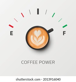 Coffee Power. Vector 3d Realistic Black Mug with Milk Coffee and Fuel Gauge. Vapuccino, Latte. Concept Banner with Coffee Cup. Flower Pattern. Design Template. Top View