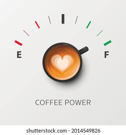 Coffee Power. Vector 3d Mug negro realista con café de leche y gas de combustible. Vapuccino, Latte. Cartel conceptual con la copa de café. Patrón cardíaco. Plantilla de diseño. Vista superior