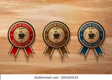 Coffee premium badge set, three different types label in 3d illustration on wooden table