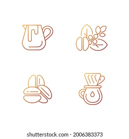 Coffee preparation gradient linear vector icons set. Milk pitcher for barista. Raw beans. Roasted arabica. Thin line contour symbols bundle. Isolated vector outline illustrations collection