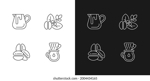 Coffee preparation linear icons set for dark and light mode. Milk pitcher for barista. Raw beans. Customizable thin line symbols. Isolated vector outline illustrations. Editable stroke