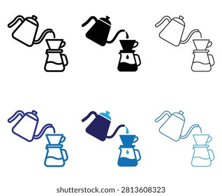Coffee preparation with a pour-over system. Water is poured from a kettle into a filter holder with ground coffee, dripping into a glass server below. Fresh morning drink creation.