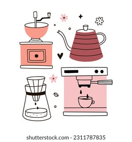 Coffee preparation vector card. Coffee machine, coffee grinder, Coffee maker hand drawn illustrations