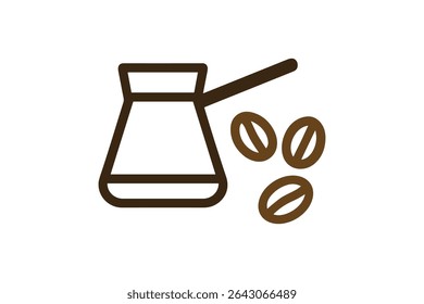 Coffee Preparation Vector Line Art Icon Featuring Coffee Pot and Coffee Beans Symbols