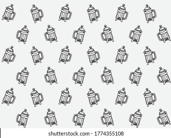 Prensa de café, french pulse el dibujo continuo del vector de línea. Patrón de fondo Aislado sobre un fondo blanco.