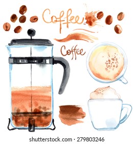 Coffee press painted with watercolors on white background. Figure ink on paper. Coffee beans, cup stains, abstract spots