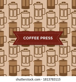 coffee press seamless pattern with brown background, coffee icon, Fashion print design, vector illustration
