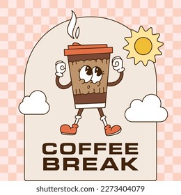 Coffee print design with full of energy cup of coffee mascot and text composition - Cofffe break - isolated on checkered vintage background. Vector contour illustration.