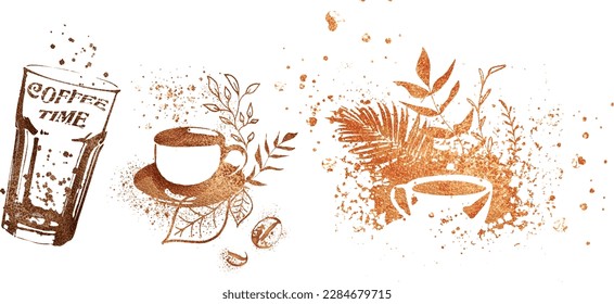 Diseño de impresión de café con maceta de mocha y diferentes tazas de café. Cafetería. Aislado sobre un fondo blanco.