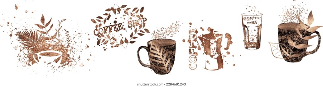 Coffee print design with mocha pot and different coffee cups. Coffee shop. Isolated on a white background.