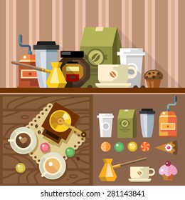 Coffee in process, devices for making coffee. ?offee grinder, coffee maker, cup, beans, biscuits and sweets, Vector flat illustration