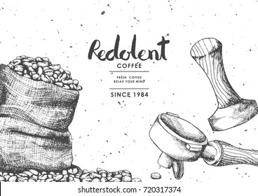 Coffee product label with Coffee bean in sackcloth , Wood Porta filter and Wood tamper Use by Pen & Ink Sketch Drawing Technique.