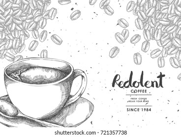 Coffee product label with Black coffee & Coffee bean Use by Pen & Ink Sketch Drawing Technique.