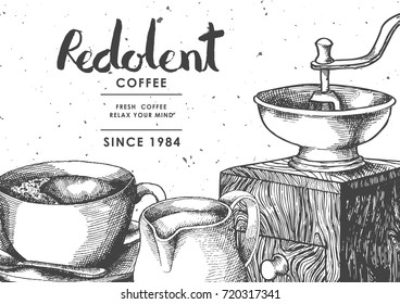 Coffee product label with Black coffee  , Milk jug & Coffee grinder Use by Pen & Ink Sketch Drawing Technique.