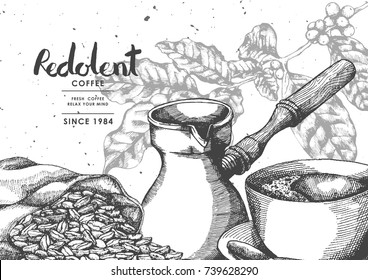 Coffee product label by Pen & Ink Sketch Drawing Technique for packaging design.Vector and illustration.