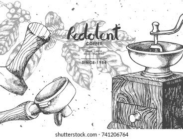 Coffee product label by Pen & Ink Sketch Drawing Technique.Vector and illustration.
