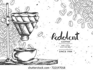 Coffee product label with Drip coffee.Use by Pen & Ink Sketch Drawing Technique.