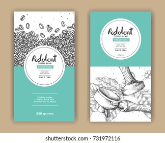 Coffee product label with green color.Use by Pen & Ink Sketch Drawing Technique.Vector & illustration.