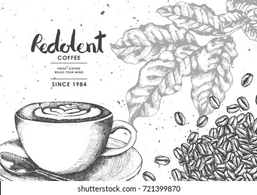 Coffee product label with Latte art coffee & Coffee bean.Use by Pen & Ink Sketch Drawing Technique.