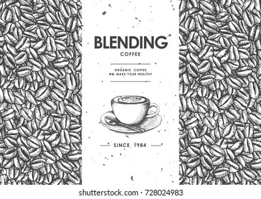 Coffee product label with Latte art coffee & Coffee bean.Use by Pen & Ink Sketch Drawing Technique.Vector & illustration.