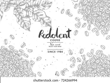 Coffee product label with Coffee leaf & Coffee bean.Use by Pen & Ink Sketch Drawing Technique.