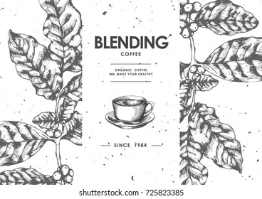 Coffee product label with Coffee leaf & Black coffee. Use by Pen & Ink Sketch Drawing Technique.