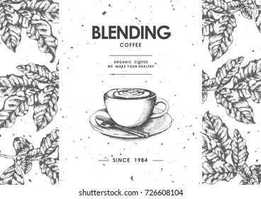 Coffee product label with Coffee leaf & Latte art coffee.Use by Pen & Ink Sketch Drawing Technique.Vector and illustration.