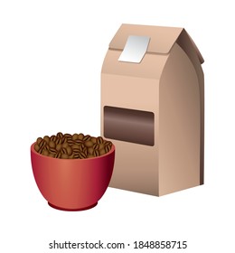 coffee product packing box with grains in cup vector illustration design