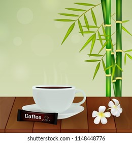 Coffee product is placed on a wooden table. The backdrop has green leaves, bamboo and bokeh. Ready to apply to your design. Vector illustration.