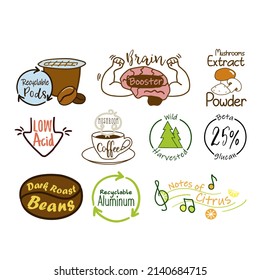 Coffee product quality template sticker set. Isolated on white hand drawn insignia label with brain booster, mushroom extract powder sign. Organic food emblem with low acid, wild harvested text