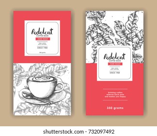 Coffee product with red color and latte art coffee template for Label packaging.Use by Pen & Ink Sketch Drawing Technique.Vector & illustration.
