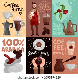 Coffee production cards with advertising of best coffee beans and taste of arabica sort flat vector illustration