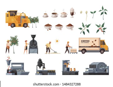 Coffee production cartoon set with industry equipment symbols isolated vector illustration