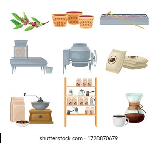 Coffee Production Equipment and Coffea Plant Branch and Fruit Harvesting Vector Set