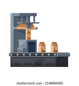 Coffee production factory packing equipment cartoon vector illustration