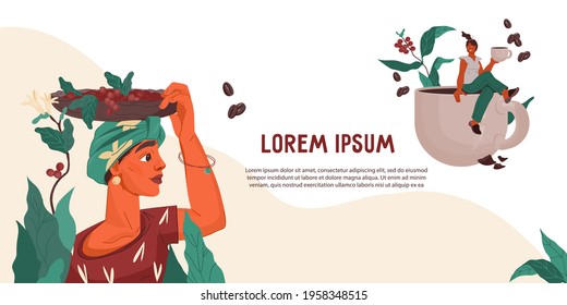 Coffee production flyer or banner template with female characters. Design for coffee shop, packaging and web page, flat vector illustration.