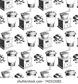 Coffee production hand drawn seamless pattern background vintage drawing drink retro cafe sketch dessert vector illustration.