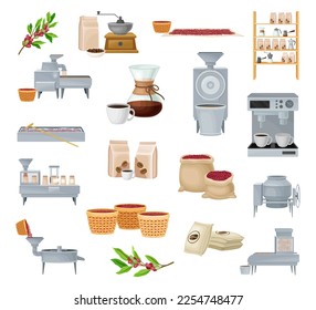 Coffee Production with Harvest and Industrial Process Big Vector Set