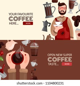 Coffee production horizontal banners with advertising your favorite grade of coffee and offer to try new taste flat vector illustration