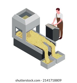 Coffee production icon with worker in uniform and equipment for sorting beans isometric vector illustration