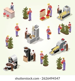 Coffee production icon with worker in uniform and equipment for sorting beans isometric vector illustration mixing freshness seed worker beans detail  heat cooling modern technology