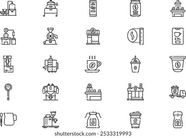 A coleção de ícones de produção de café é uma ilustração vetorial com traçado editável.