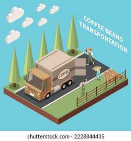 Coffee production industry isometric background with workers preparing transportation of raw packed beans vector illustration