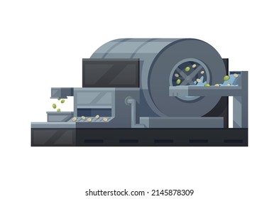 Coffee production machinery with hulling beans process cartoon vector illustration